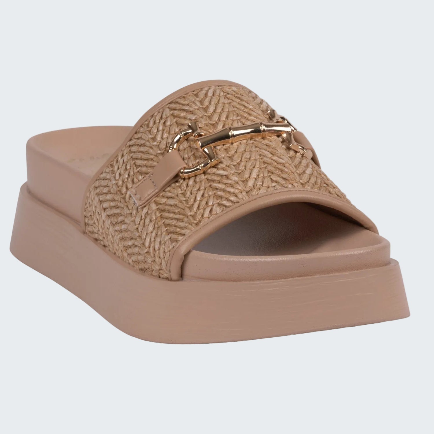 Beige sandal with woven strap and gold buckle on a white background