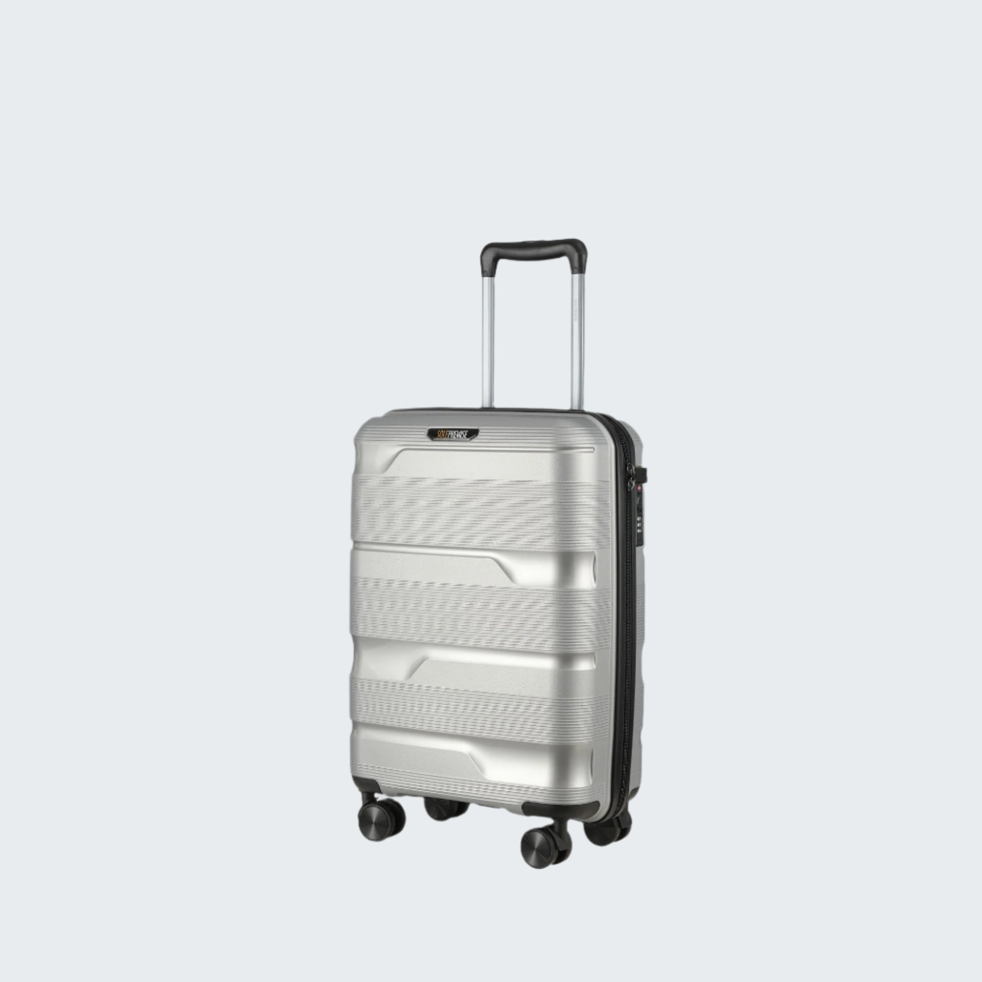 Silver suitcase with black handle and wheels on a light gray background