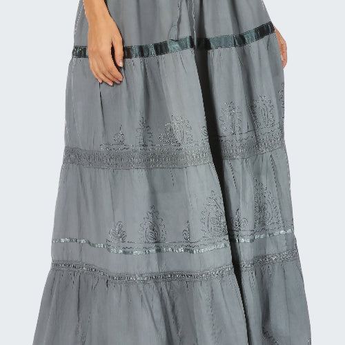 Gray embroidered maxi skirt on a white background