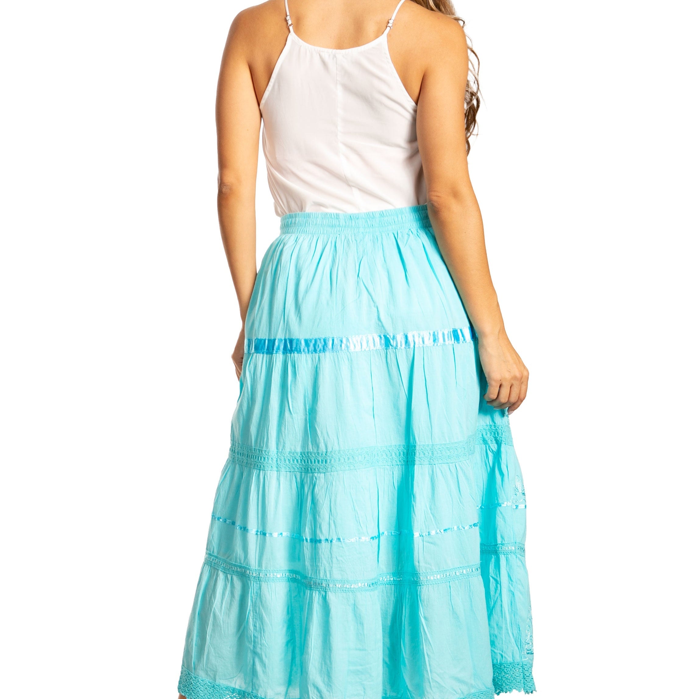 Sakkas - Solid Embroidered Gypsy / Bohemian Mid Length Cotton Skirt