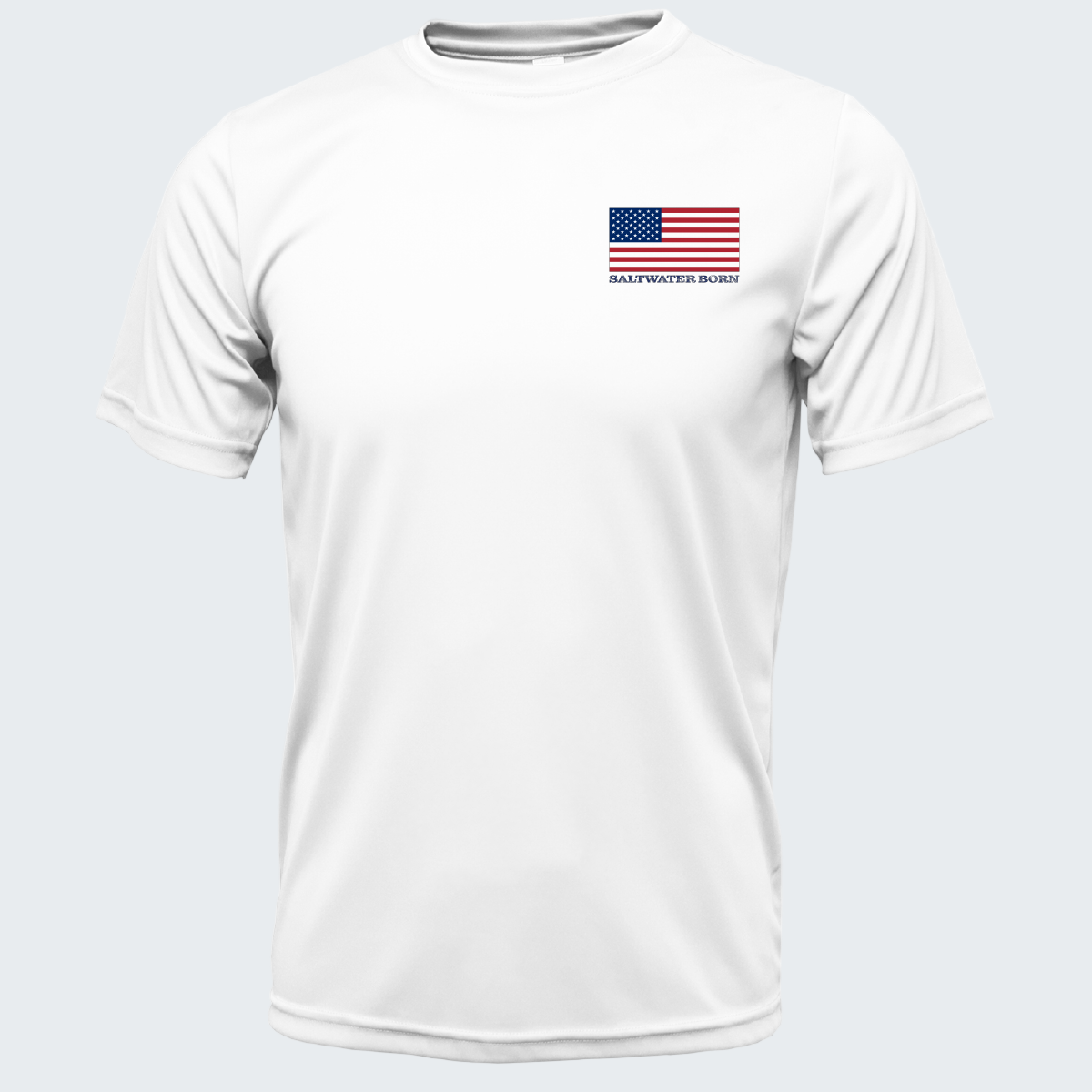 White t-shirt with American flag and 'Saltwater Born' text on a white background