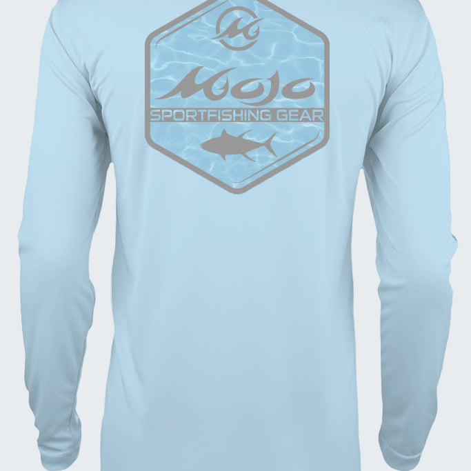 Light blue long-sleeve shirt with a logo on the back, displayed against a white background.
