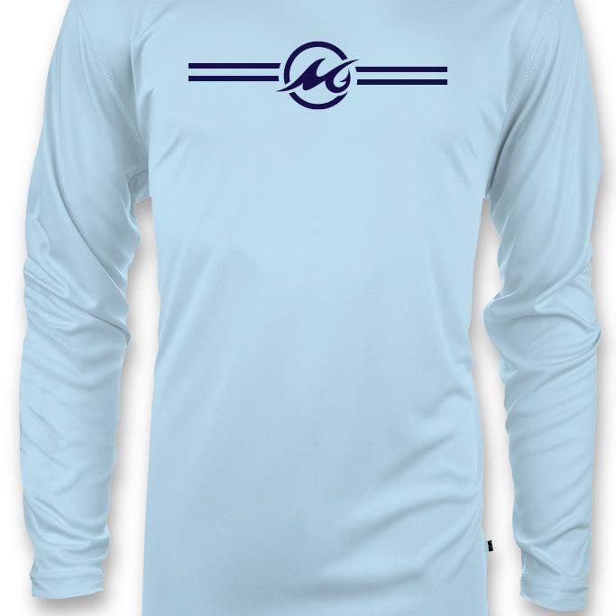 Light blue long-sleeve shirt with a logo on a white background