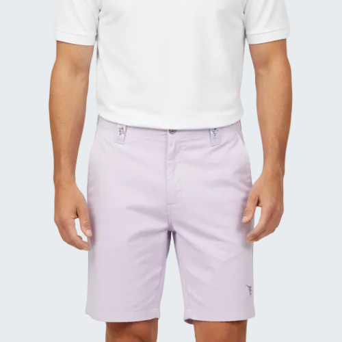 Person wearing light purple shorts and a white polo shirt on a white background