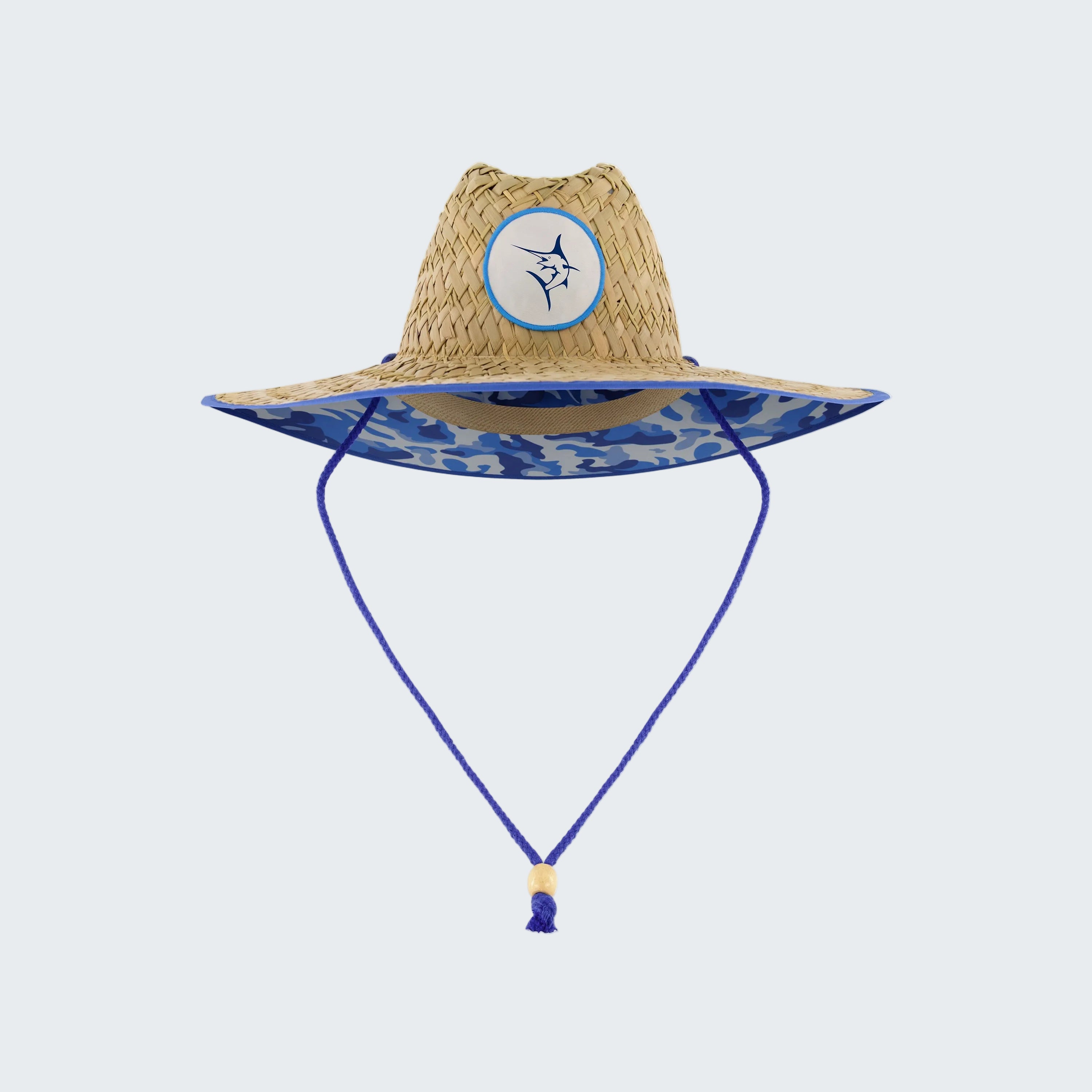 Straw hat with a blue band and logo on a white background
