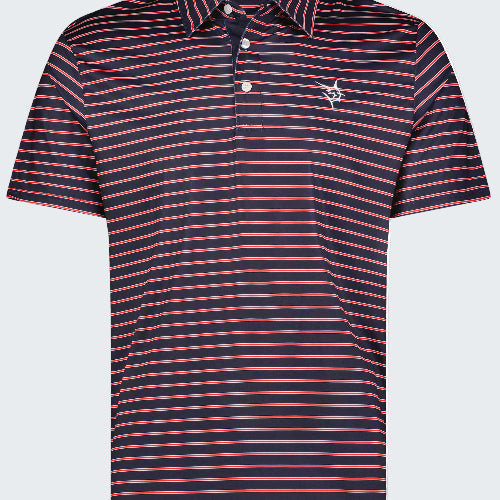 Navy and red striped polo shirt with a logo on a white background