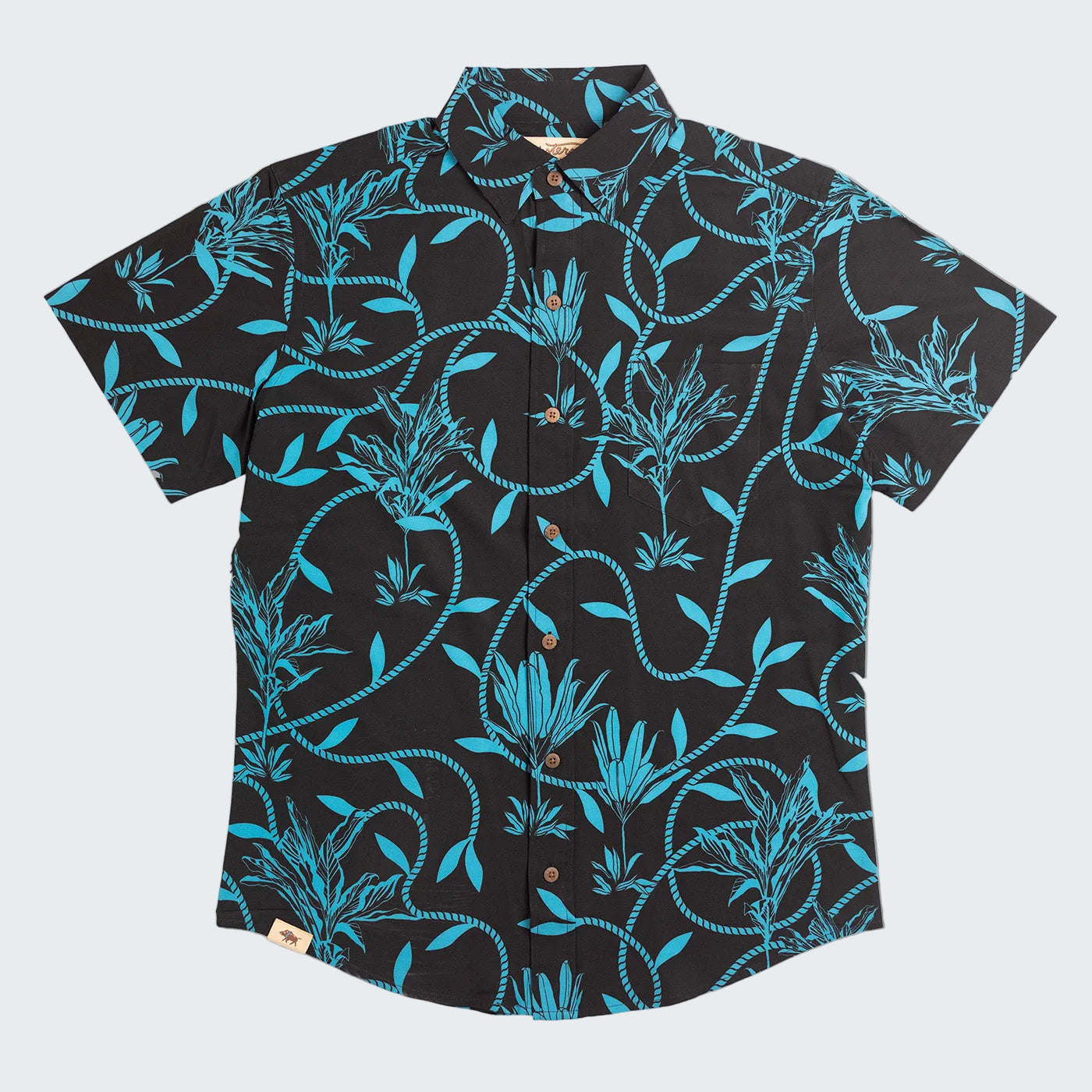 Black shirt with blue floral pattern on a white background
