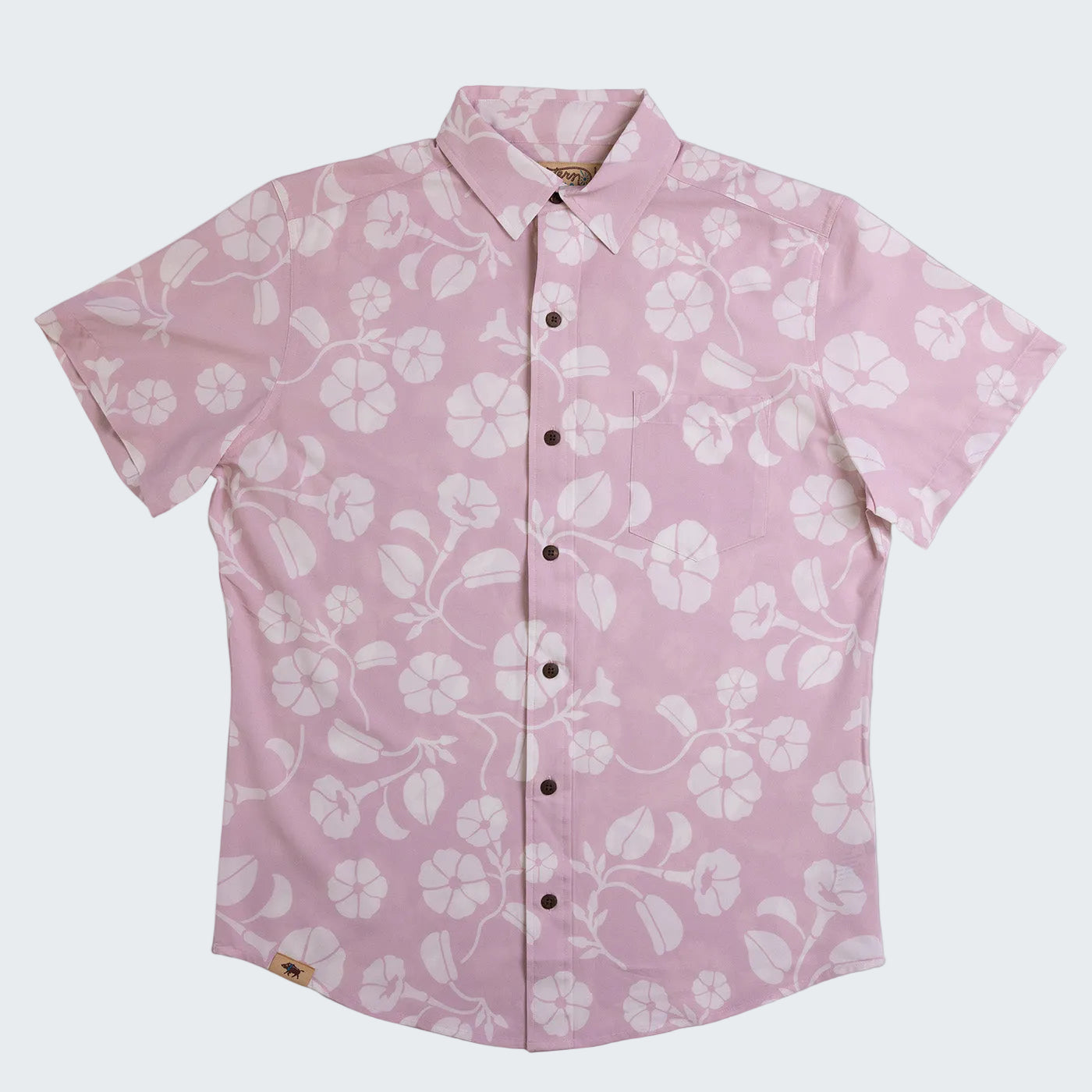 Pink shirt with white floral pattern on a white background