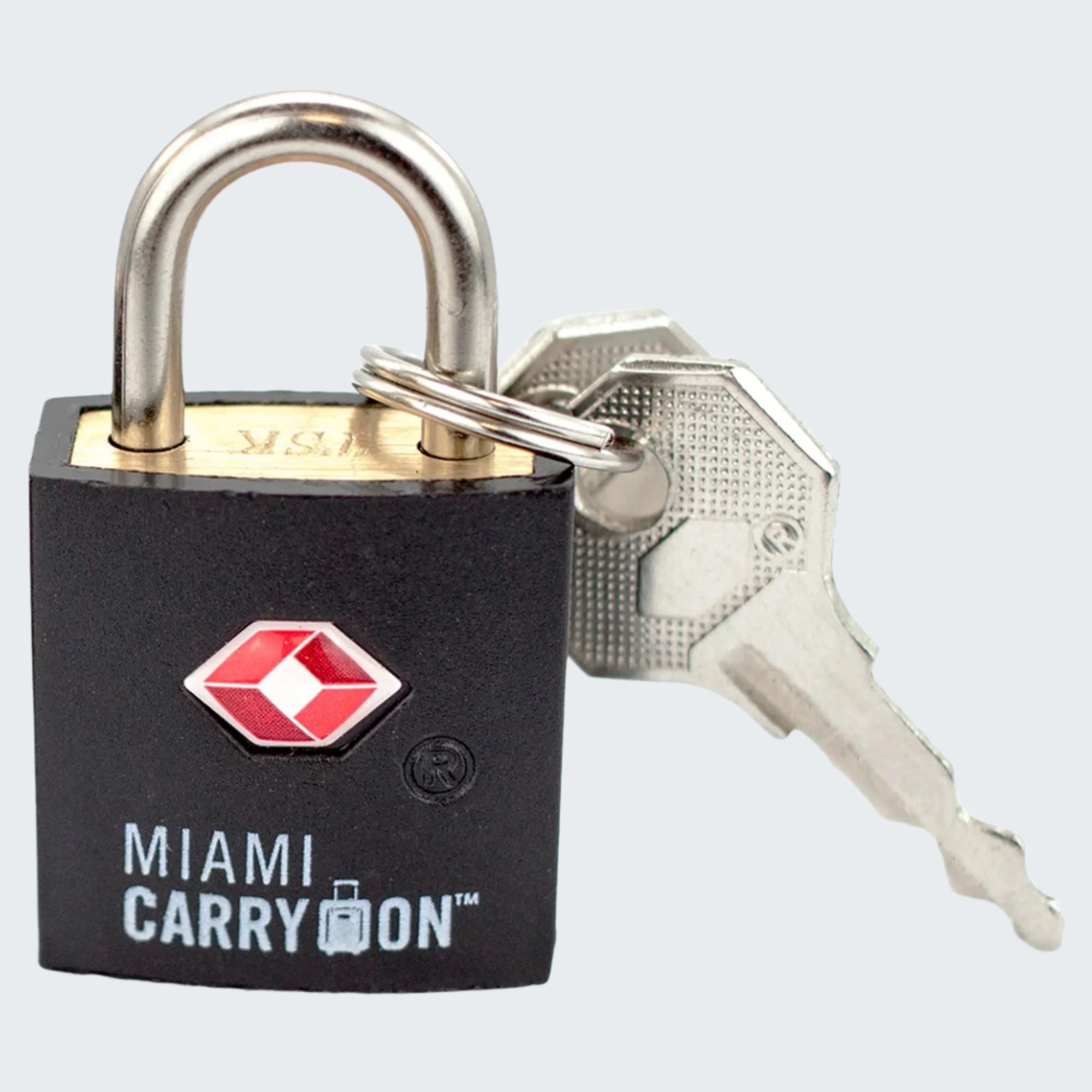 Black padlock with key on a white background, featuring the 'Miami Carry On' brand.