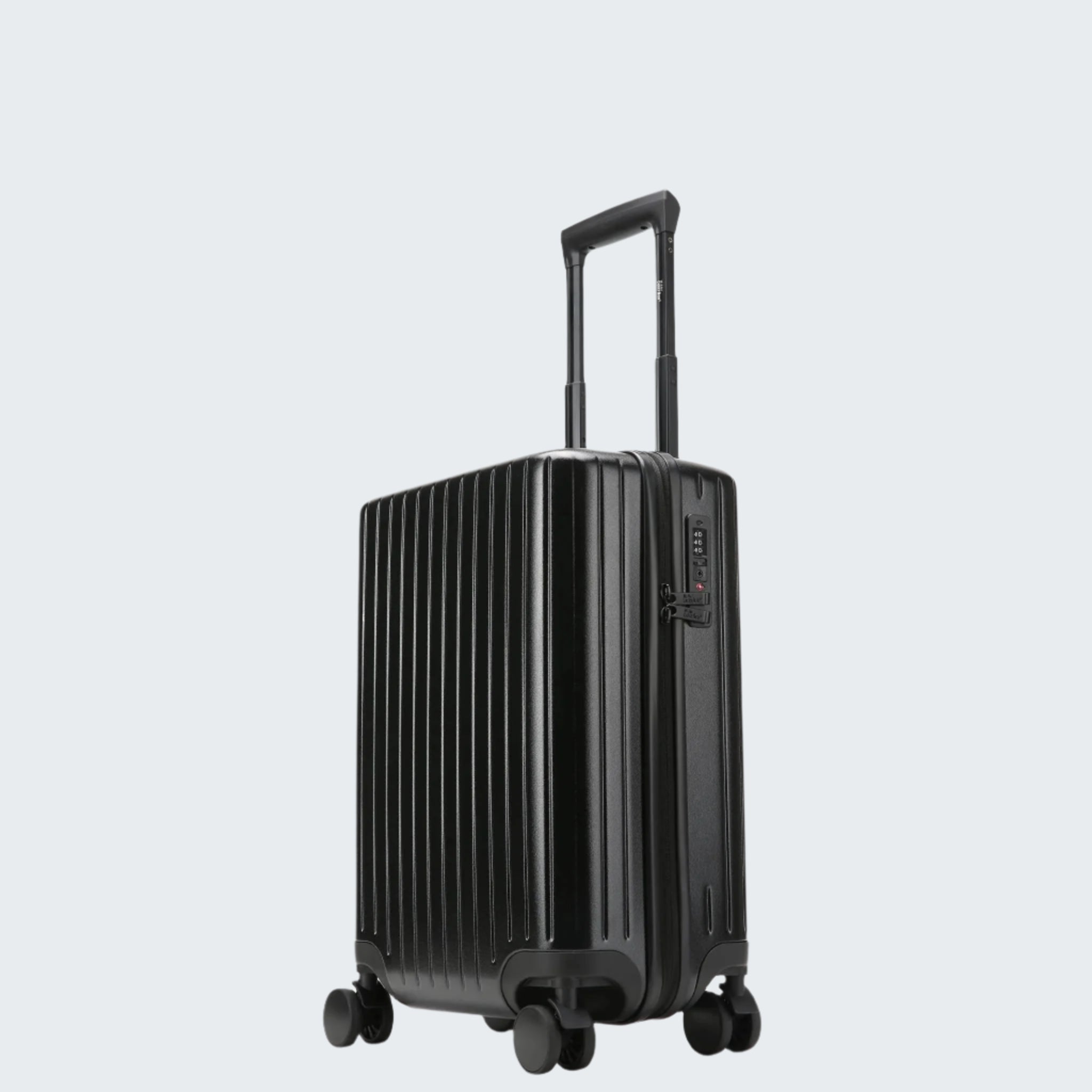 Black suitcase with wheels on a white background