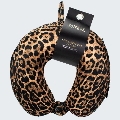 Leopard print memory foam pillow with a visible brand tag on a white background