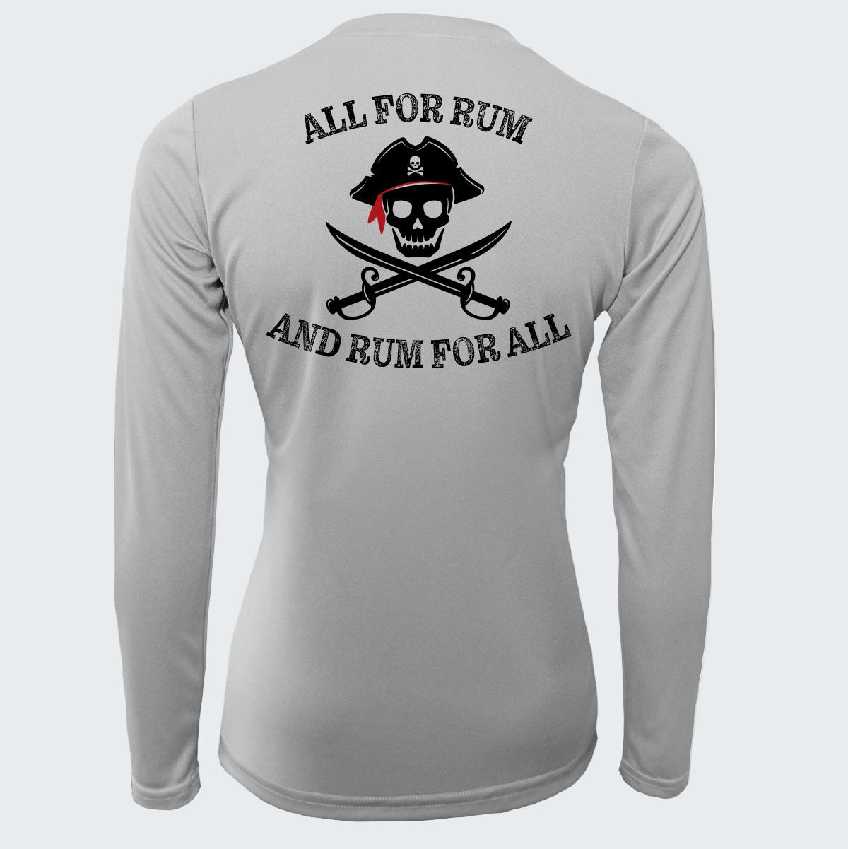 Gray long-sleeve shirt with pirate design and text on a white background