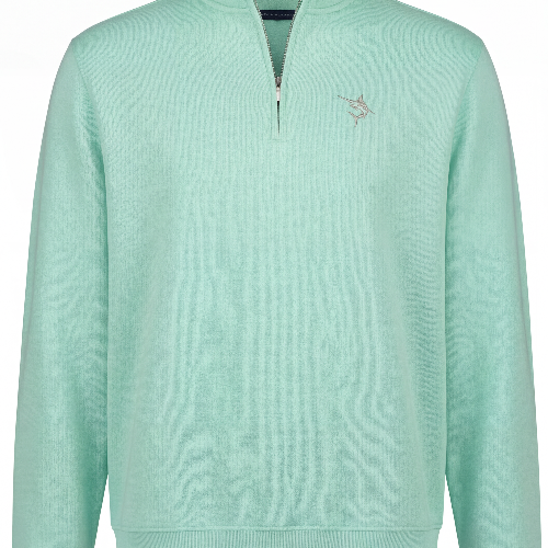 Light blue pullover with a small logo on a white background