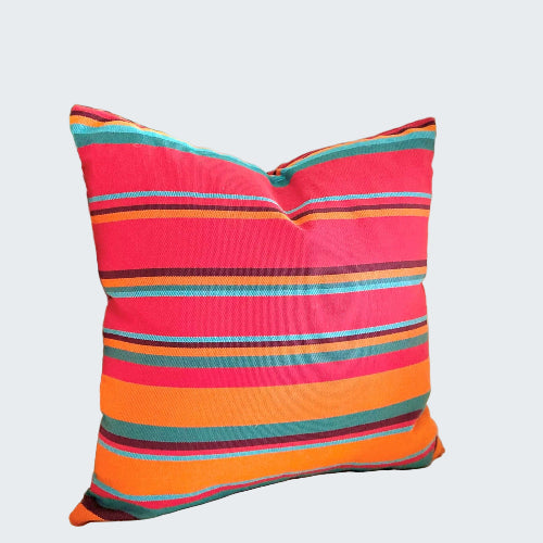 Colorful striped pillow on a beige chair with a blurred green plant in the background