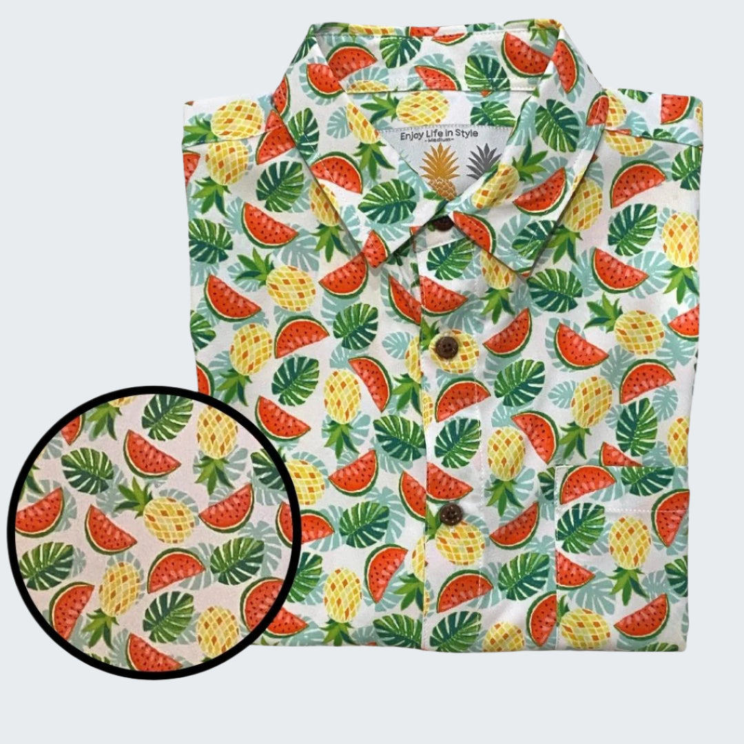 Colorful shirt with tropical fruit pattern on a white background