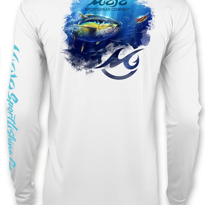 White long-sleeve shirt with blue graphic and 'Mojo' branding on a white background