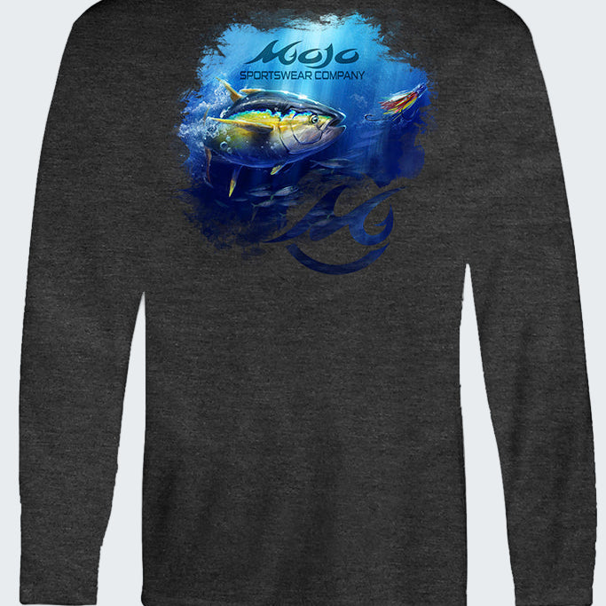 Black long-sleeve shirt with a fish graphic and 'Mojo' branding on a white background