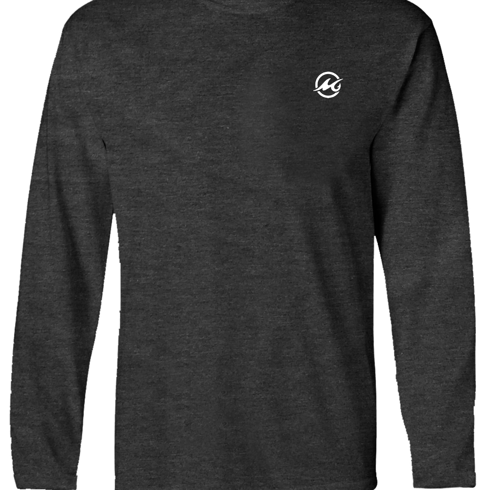 Dark gray long-sleeve shirt with a white logo on a white background