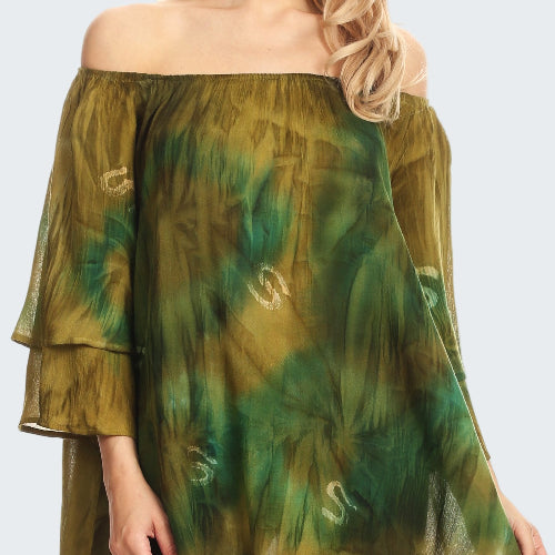 Green and brown off-shoulder top worn by a model on a white background