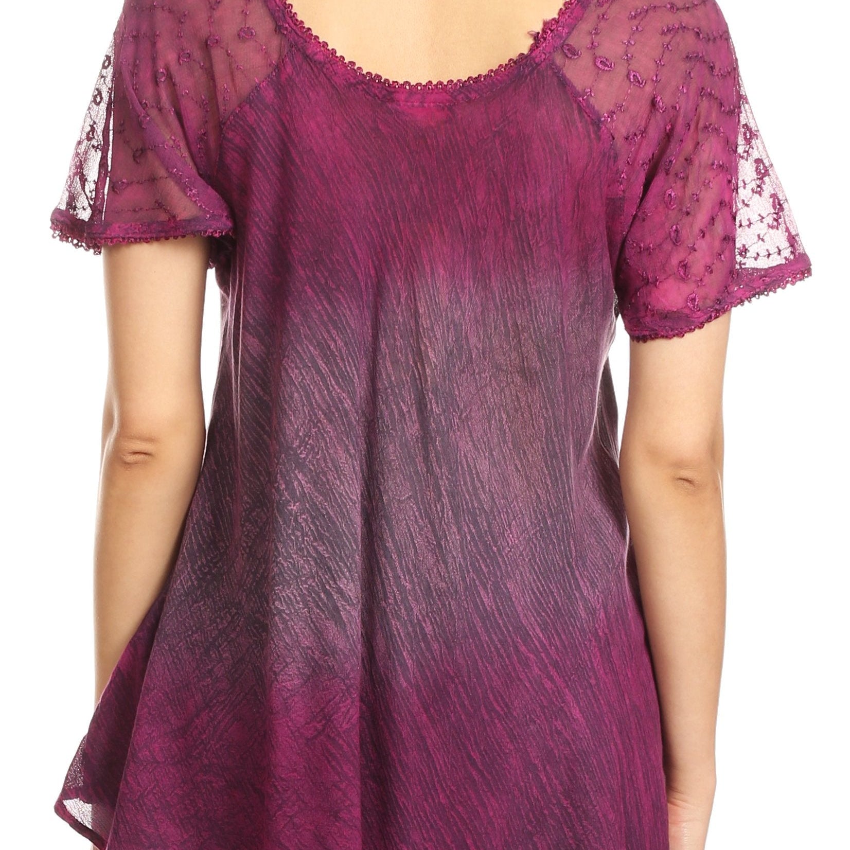 Sakkas - Lily Casual Short Sleeve Top Blouse with Block Print and Lace