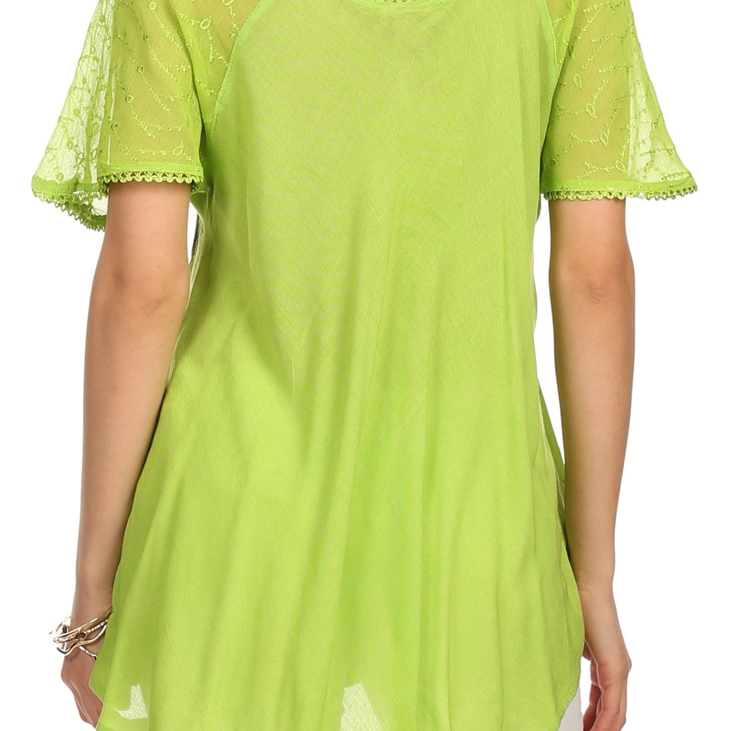 Sakkas - Albina Island Relaxed Fit Embroidery Cap Sleeves Blouse