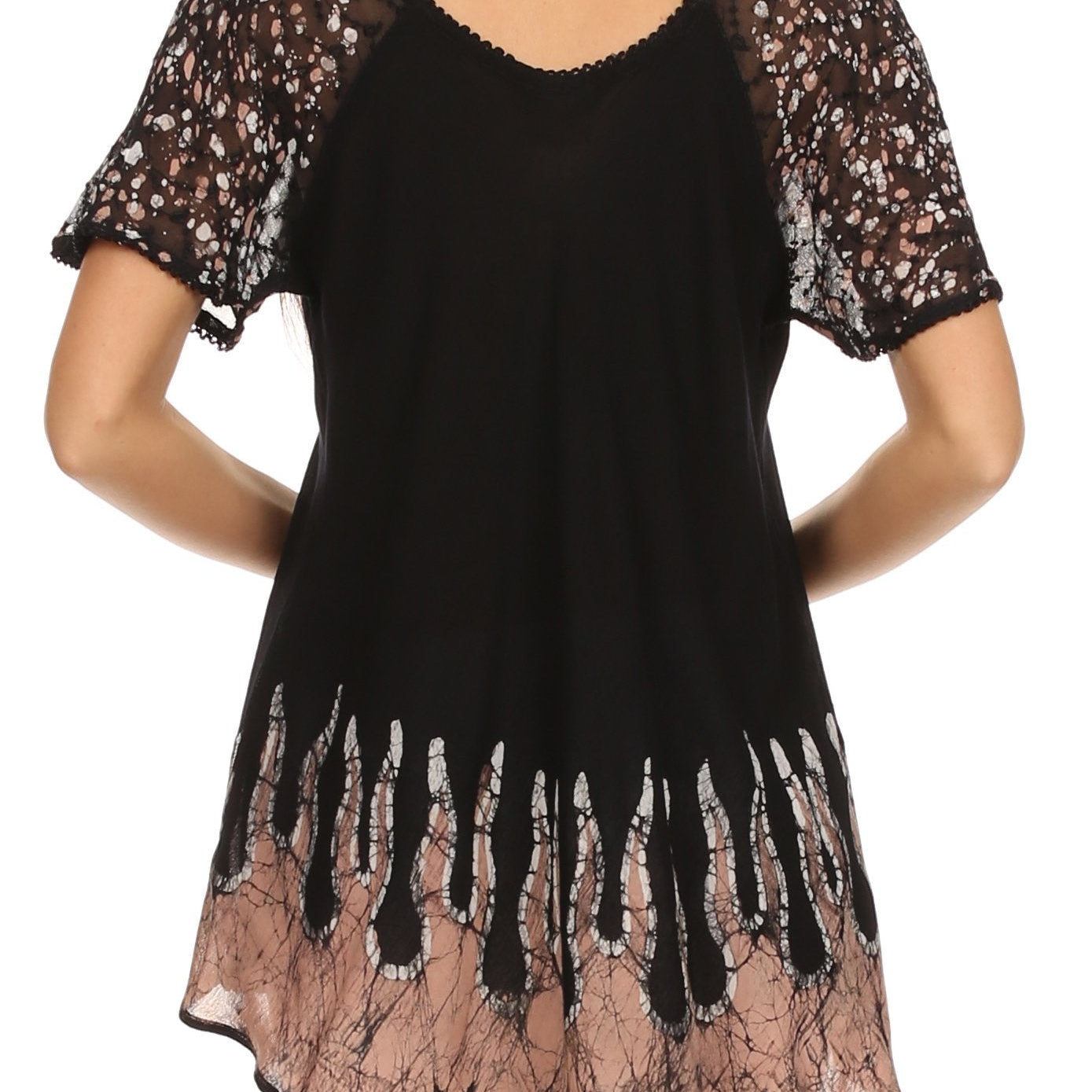 Black lace top with sheer sleeves and hem on a white background