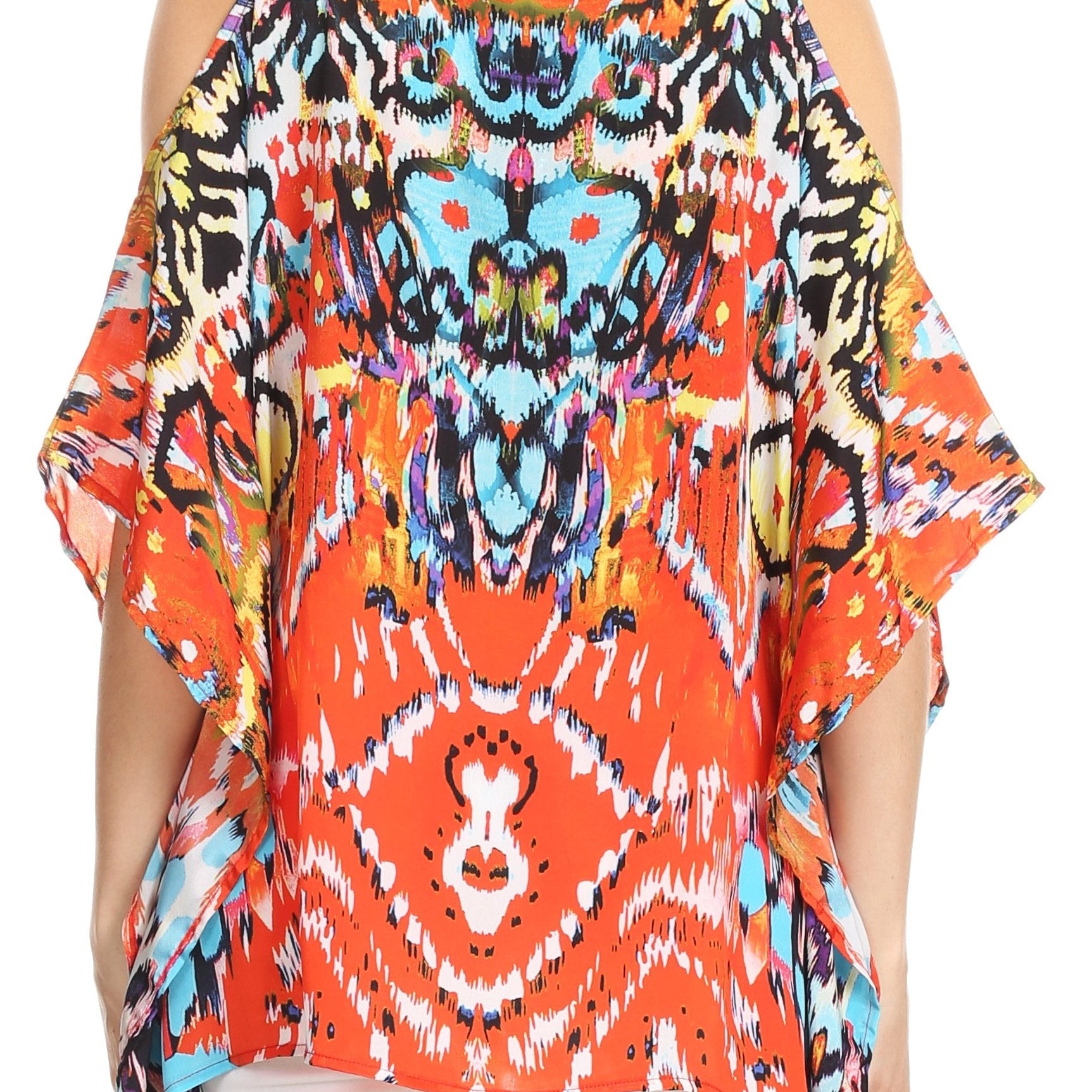 Sakkas - Saanvi Printed Draped Short Sleeve Strap Cutout Shoulder V-Neck Kaftan Top