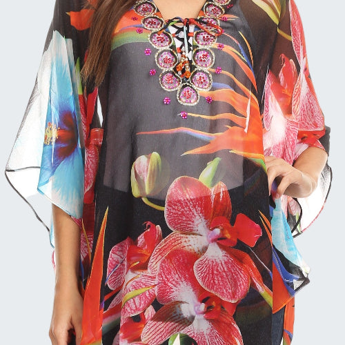 Colorful floral kimono-style top with embroidery on a white background