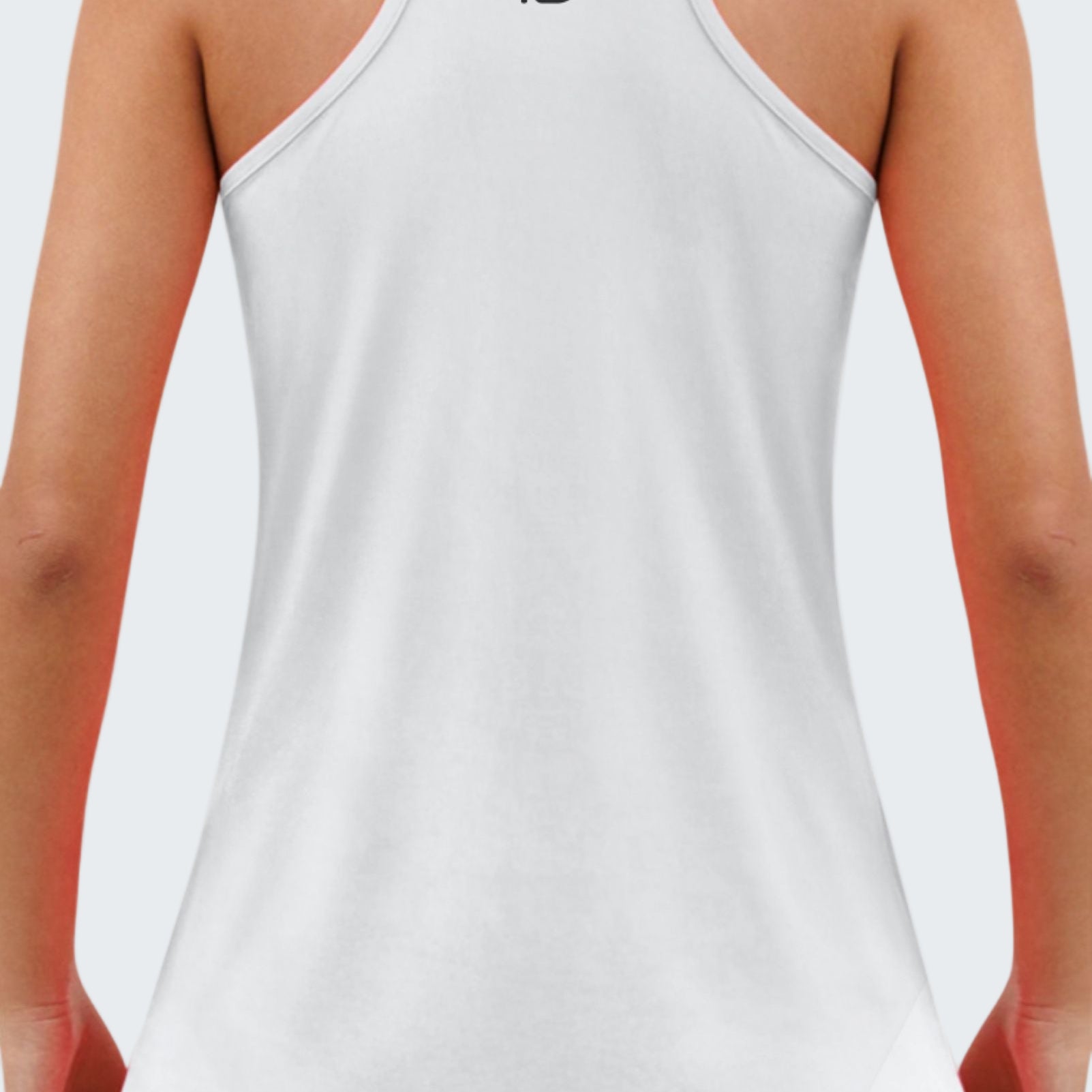 White tank top with a logo on the back, worn by a person.