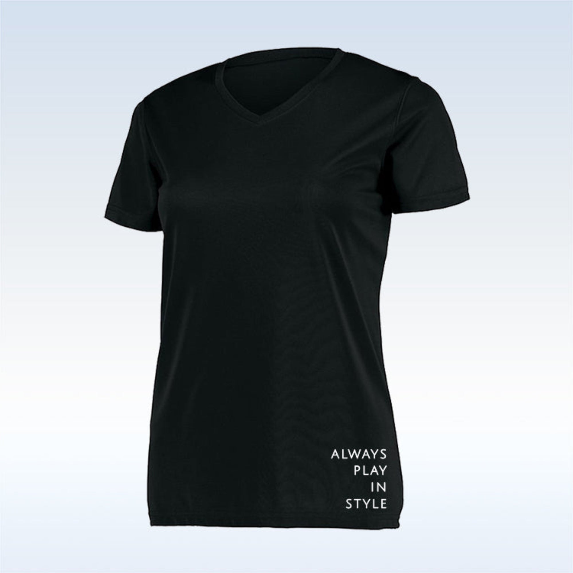 Black t-shirt with 'Always Play in Style' text on a light blue background
