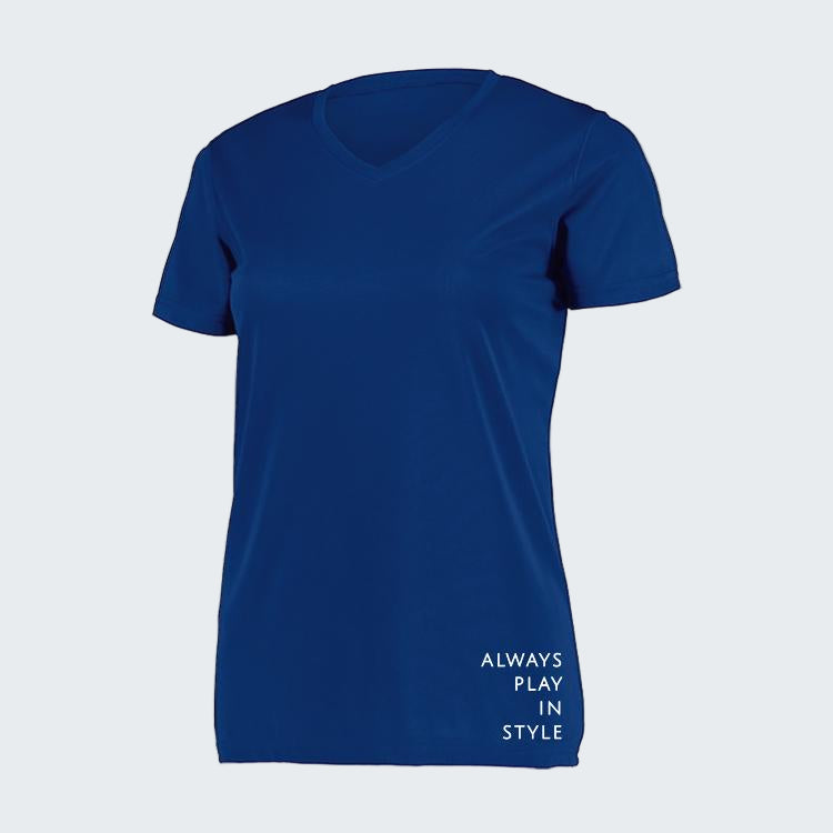 Blue t-shirt with 'Always Play in Style' text on a light blue background