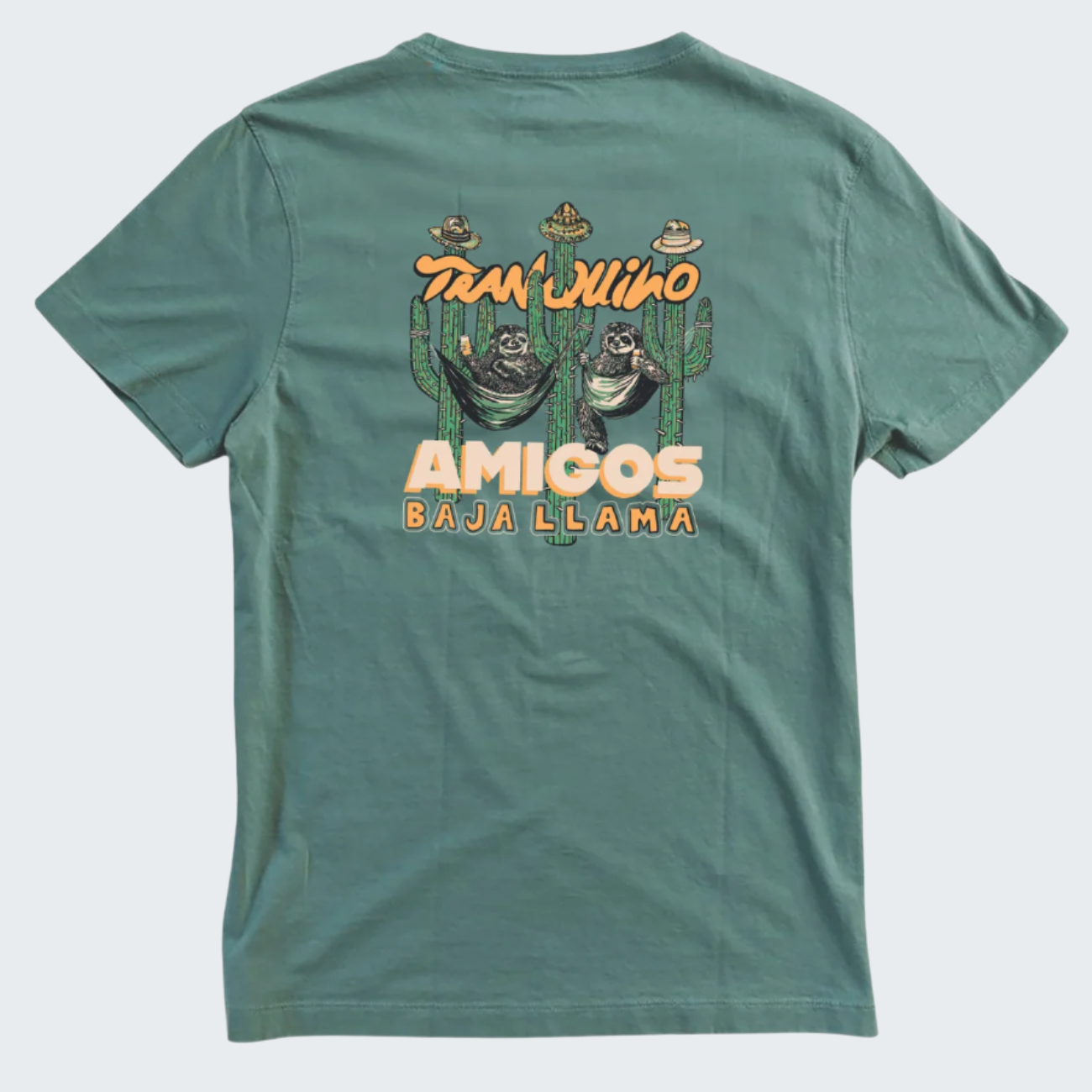 Green t-shirt with 'Amigos Baja Llama' graphic on a white background