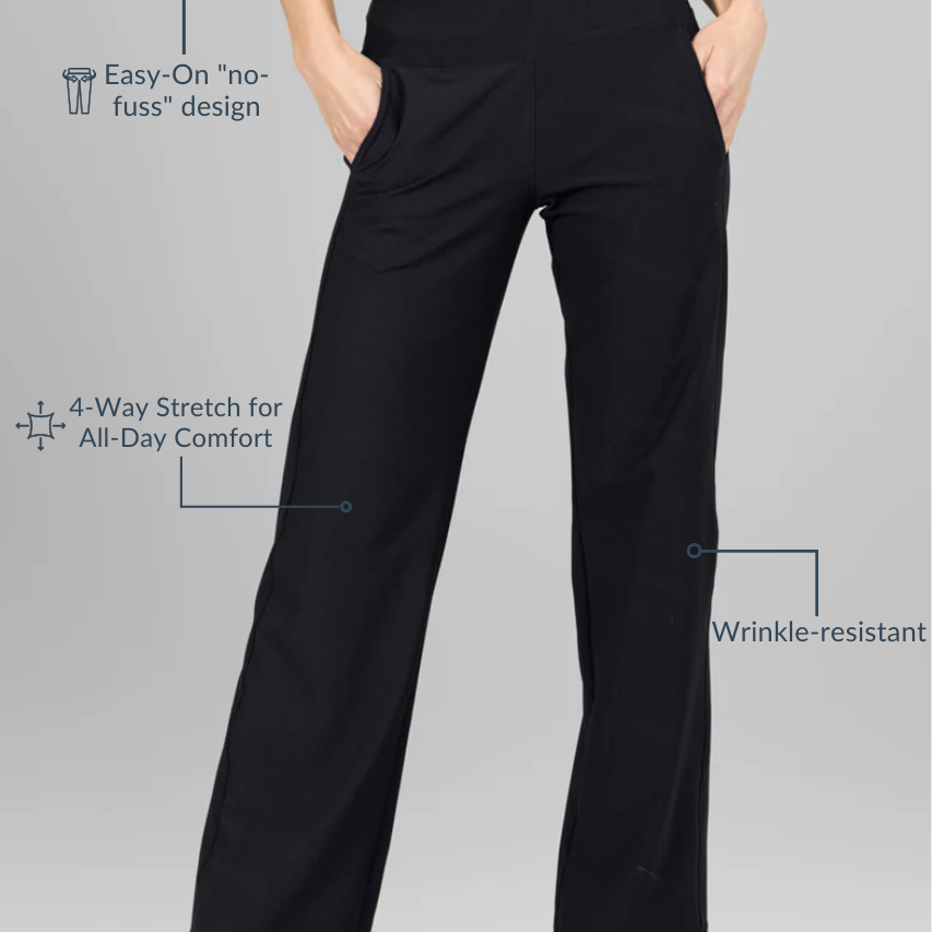 Black pants worn by a model on a gray background with text highlighting features.