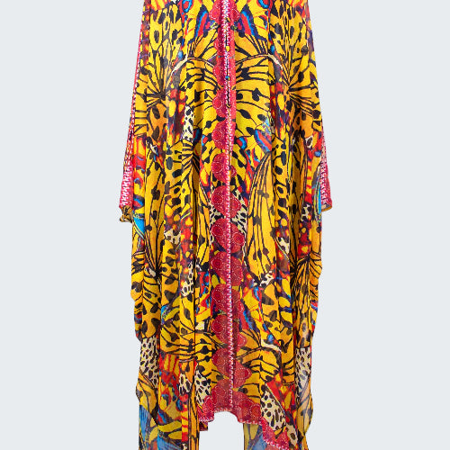 Colorful dress with butterfly pattern on a white background