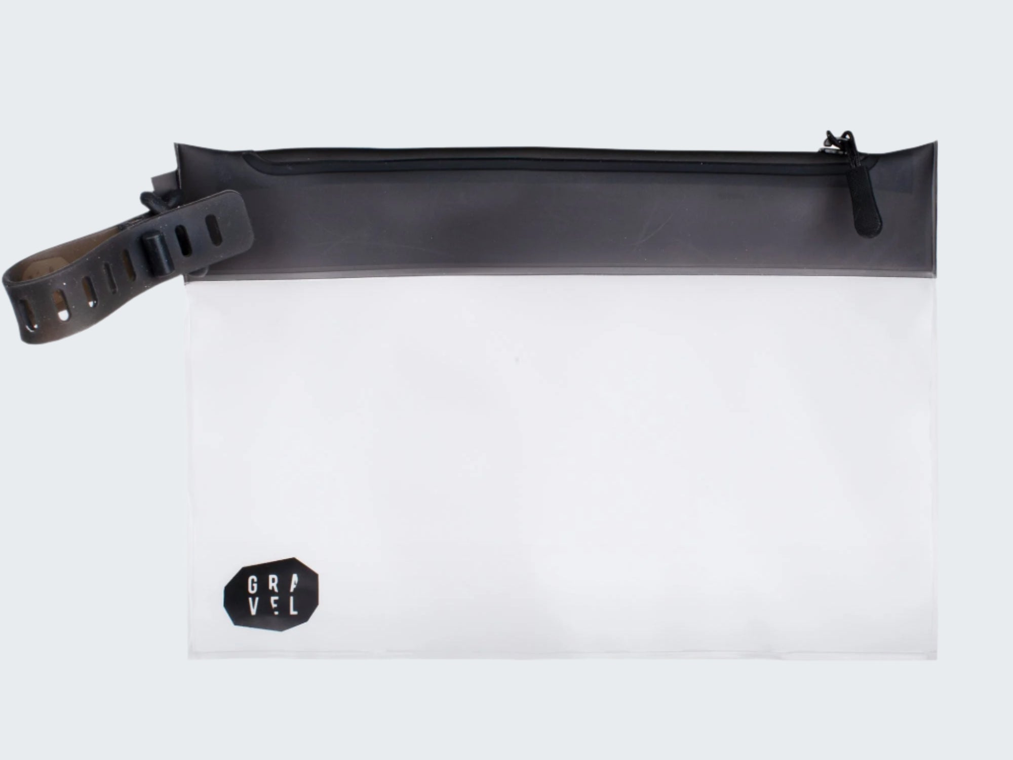 Clear pouch with black zipper and strap on a white background