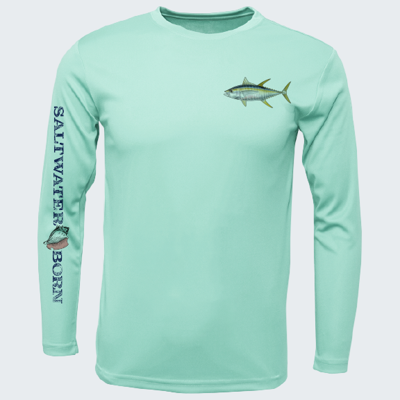 Light blue long-sleeve shirt with fish design and 'Saltwater Born' text on a white background
