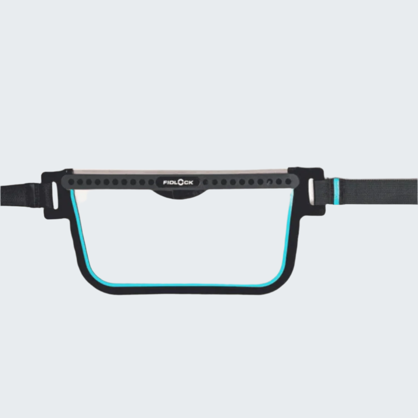 Clear waist bag with black strap and visible brand logo on a white background