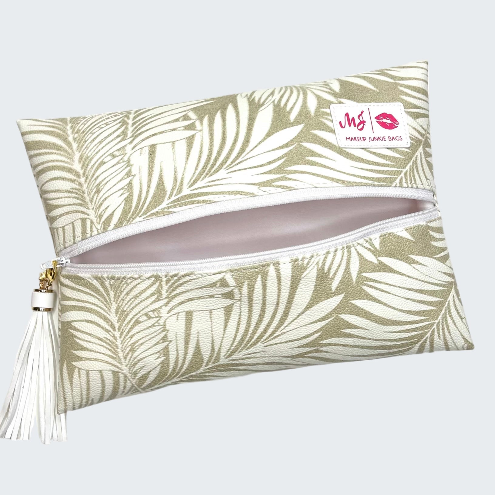 Pouch with leaf pattern and visible brand logo on a white background