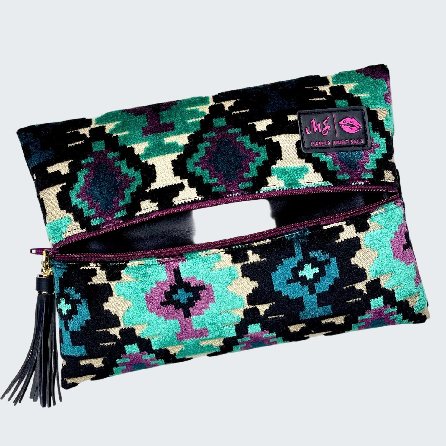 Patterned pouch with a visible brand logo on a white background