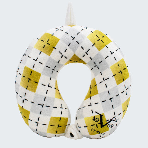 Neck pillow with yellow and gray checkered pattern on a white background