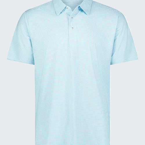 Light blue polo shirt with a brand label on a white background