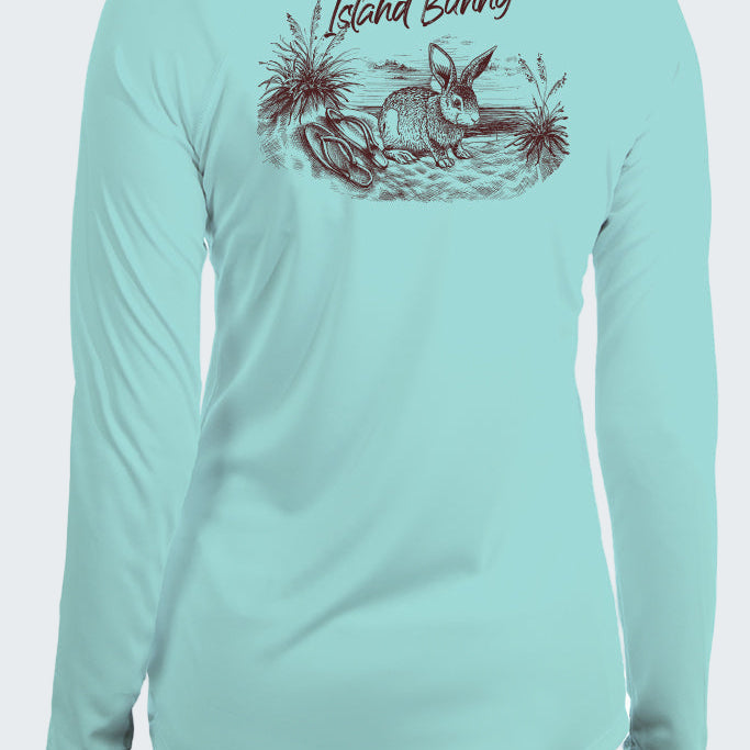 Light blue long-sleeve shirt with a graphic of an island bunny on a white background