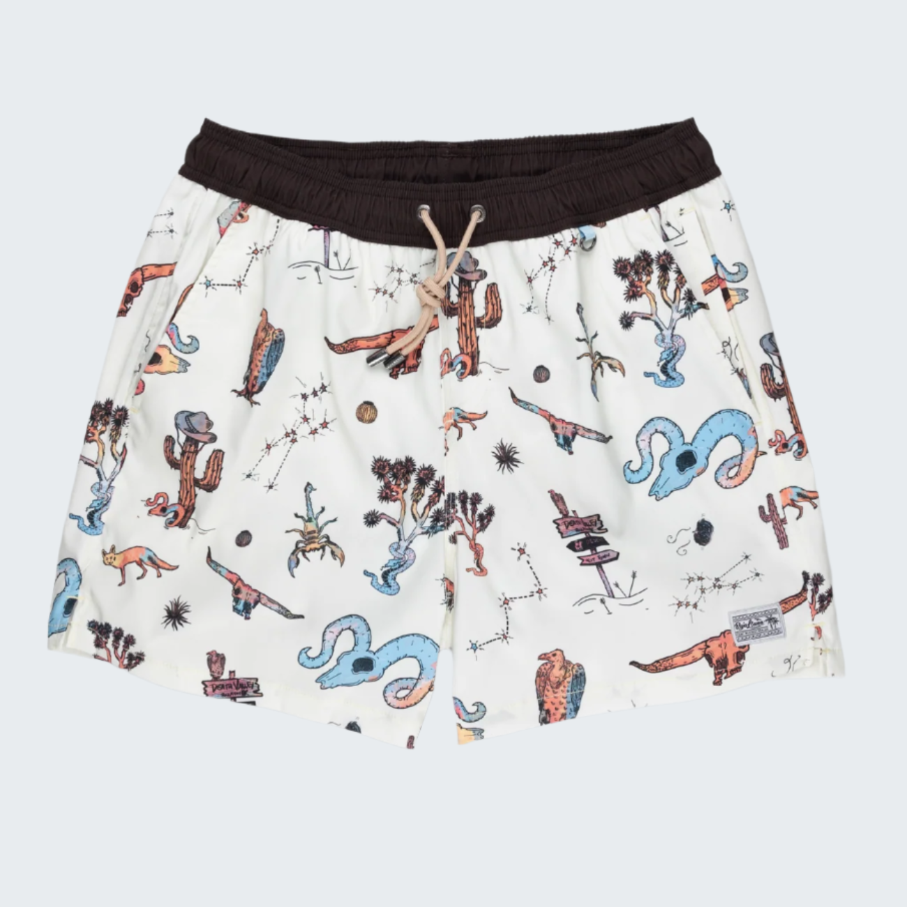 Shorts with colorful graphic design on a white background