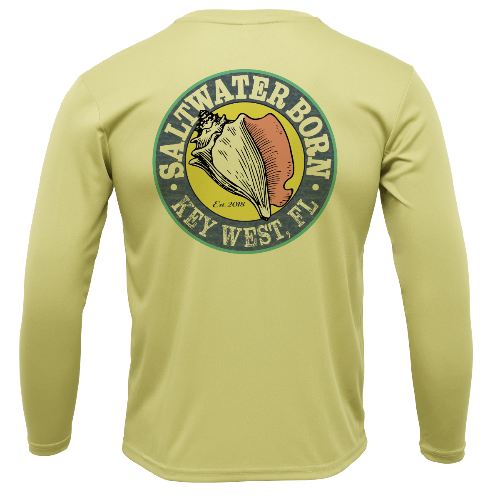 Light green long-sleeve shirt with 'Saltwater Born Key West, FL' logo on a white background