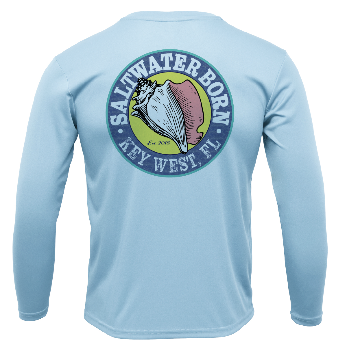 Light blue long-sleeve shirt with a shell graphic and text on the back, on a white background.