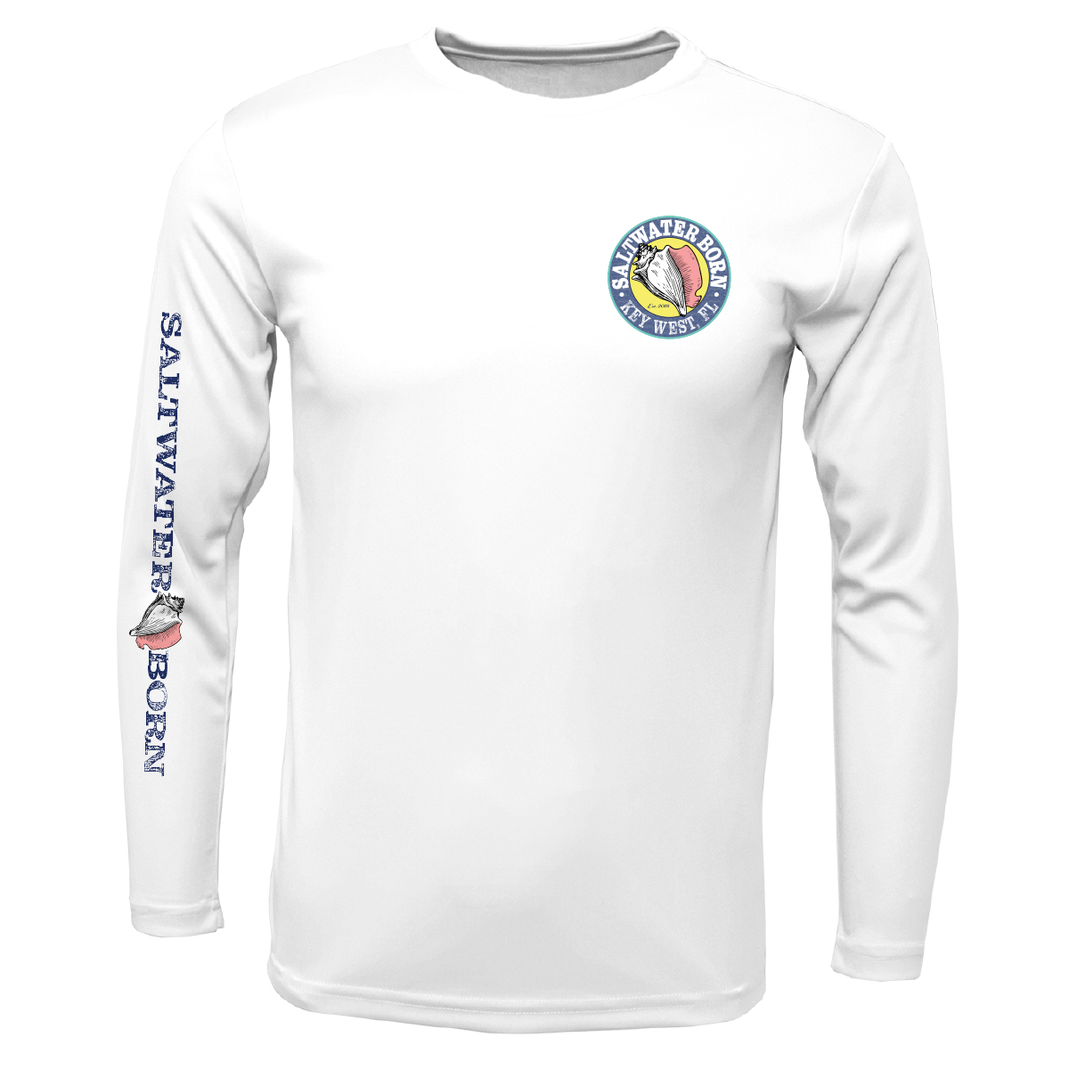 White long-sleeve shirt with 'Saltwater Born' logo and text on a white background