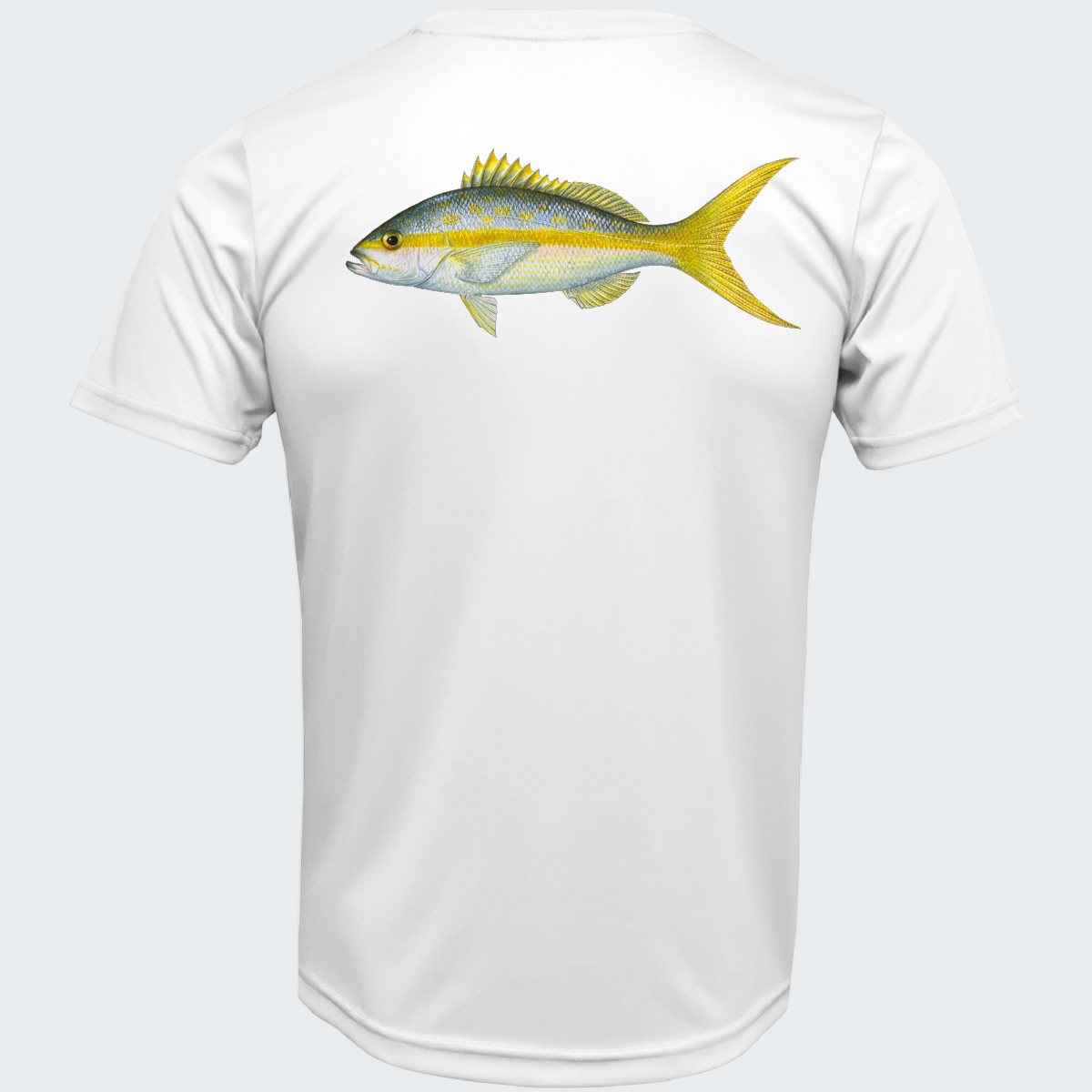 White t-shirt with a fish graphic on the back against a white background