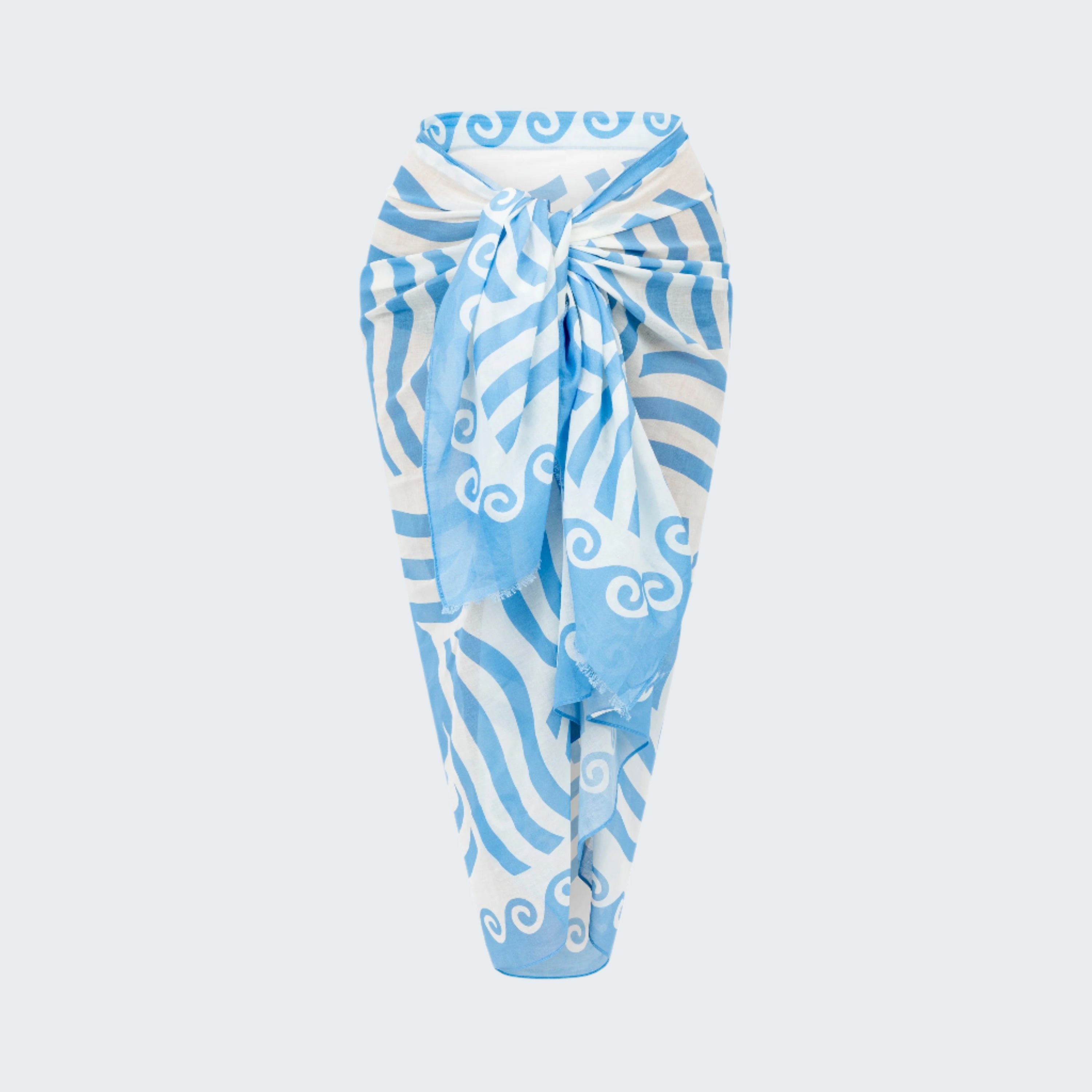 Blue and white patterned sarong on a white background