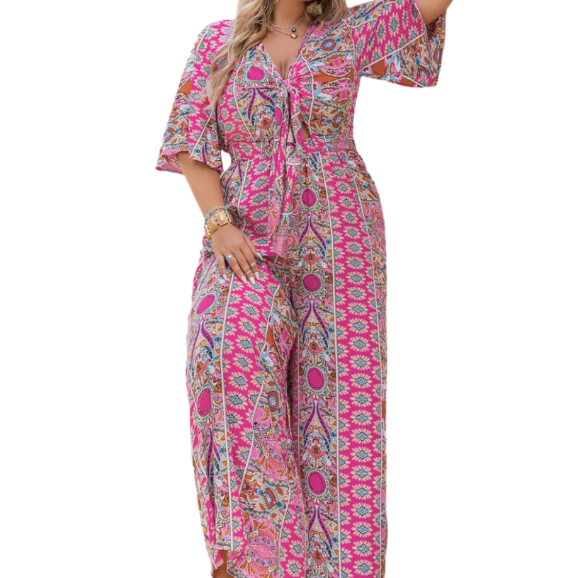 Plus Size Printed Half Sleeve Wide Leg Jumpsuit