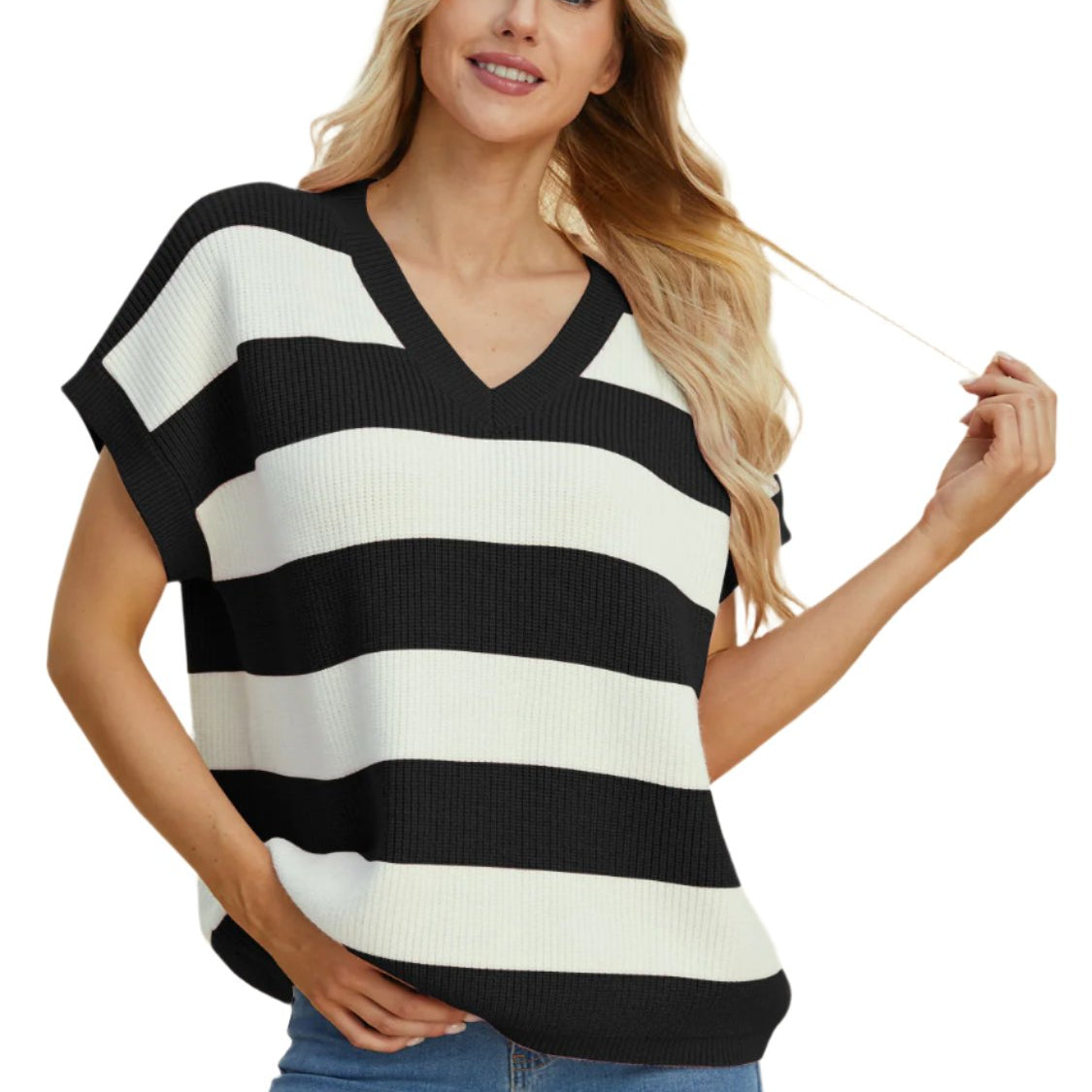Double Take Full Size Striped V-Neck Short Sleeve Sweater